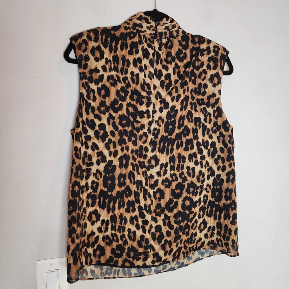 MILLY Rori Leopard Print Chiffon Sleeveless Blouse Top‎ Padded Shoulders Medium